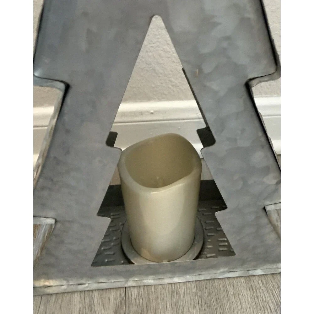 Galvanized Metal Christmas Tree Candle Holder Rustic Decorative, Place A Bid